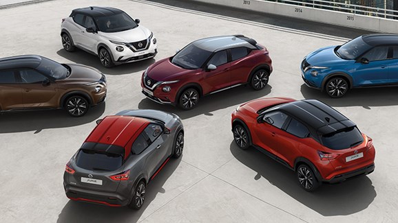 Nissan Juke modeller i forskellige eksteriørfarver 